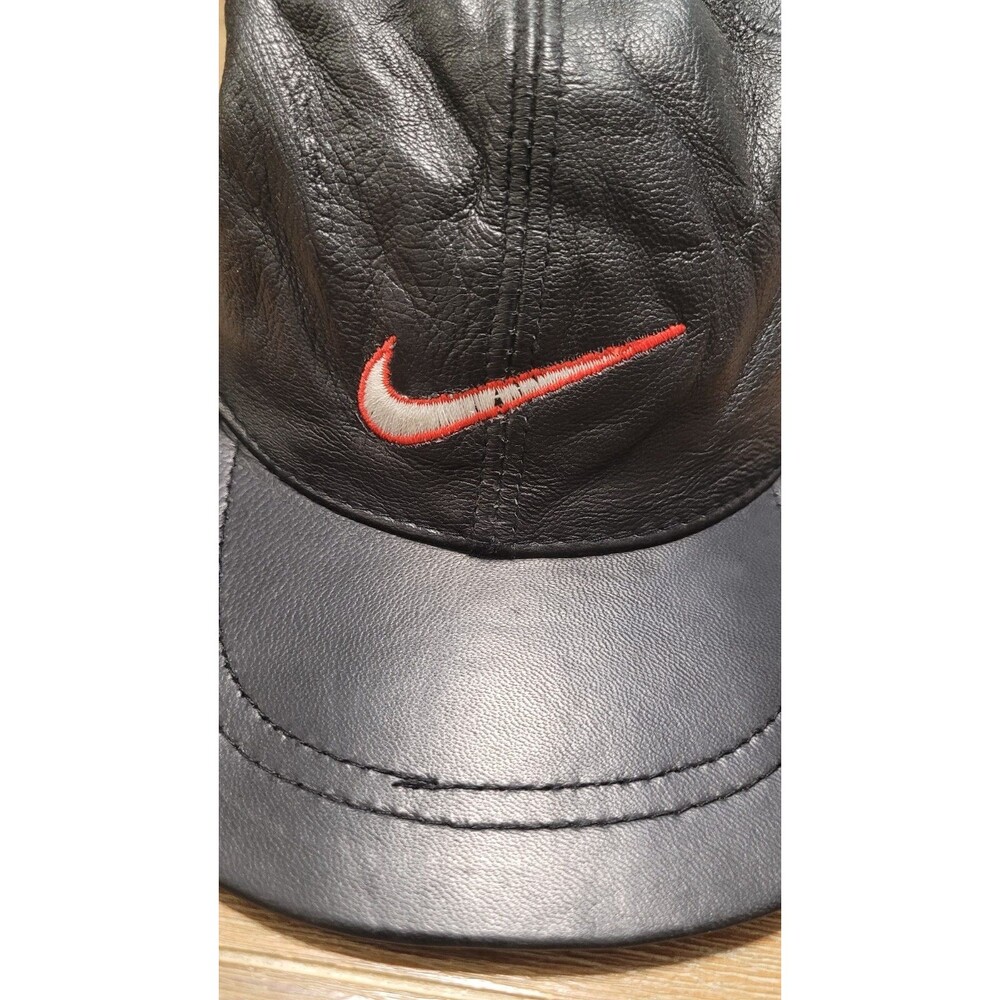 Vintage Black Leather Nike Swoosh Hat Cap Snapback One Size Fits Most Adjustable - Picture 2 of 5